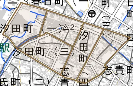 汐田町とその周辺の地図。町の範囲を重ねている
