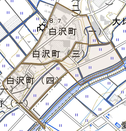 白沢町とその周辺の地図。町の範囲を重ねている