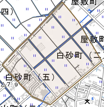 白砂町とその周辺の地図。町の範囲を重ねている