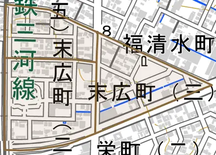 末広町とその周辺の地図。町の範囲を重ねている