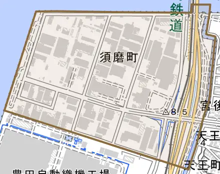 須磨町とその周辺の地図。町の範囲を重ねている