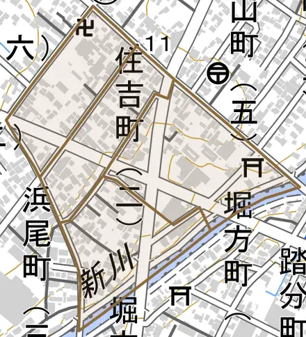 住吉町とその周辺の地図。町の範囲を重ねている