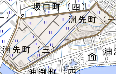 洲先町とその周辺の地図。町の範囲を重ねている