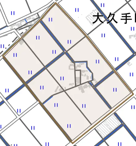 竹原町とその周辺の地図。町の範囲を重ねている