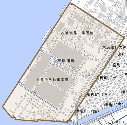 玉津浦町とその周辺の地図。町の範囲を重ねている