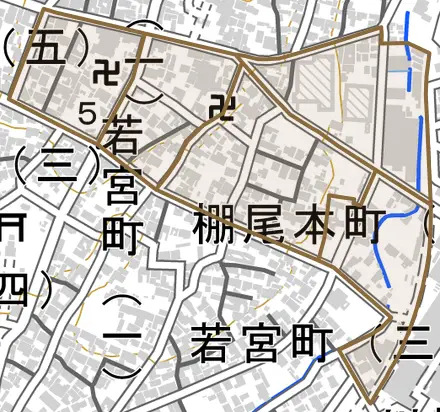 棚尾本町とその周辺の地図。町の範囲を重ねている