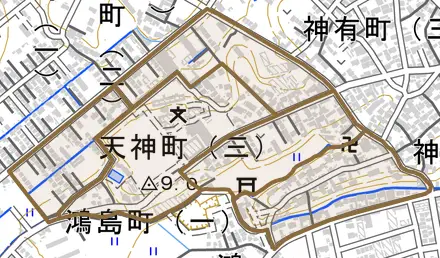 天神町とその周辺の地図。町の範囲を重ねている