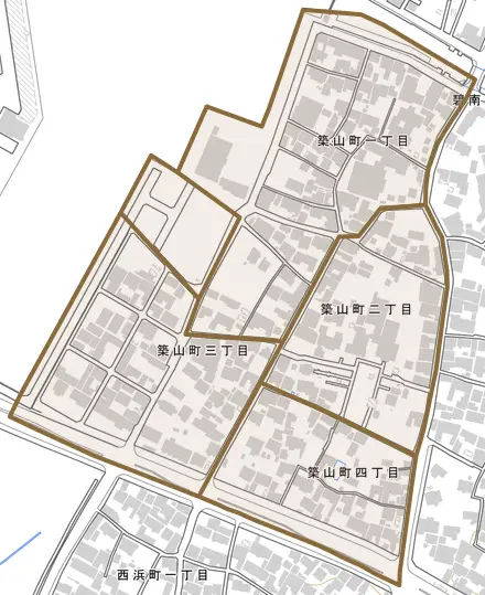 築山町とその周辺の地図。町の範囲を重ねている