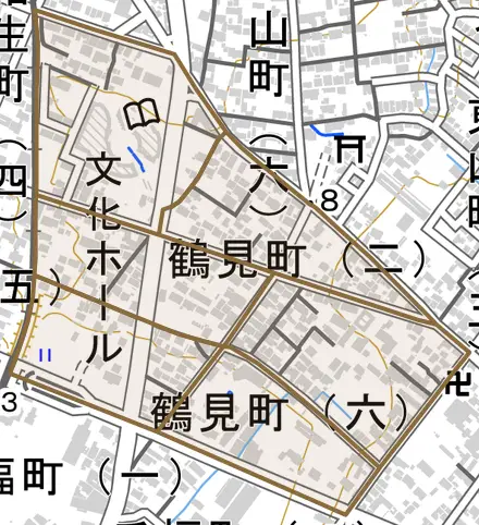 鶴見町とその周辺の地図。町の範囲を重ねている