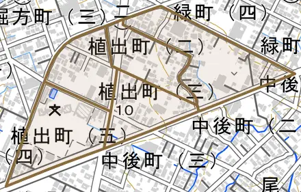 植出町とその周辺の地図。町の範囲を重ねている