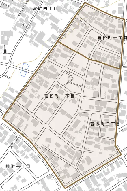 若松町とその周辺の地図。町の範囲を重ねている