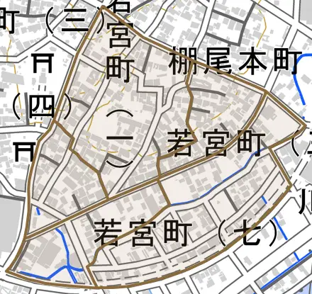 若宮町とその周辺の地図。町の範囲を重ねている
