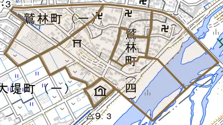鷲林町とその周辺の地図。町の範囲を重ねている