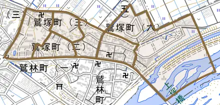 鷲塚町とその周辺の地図。町の範囲を重ねている