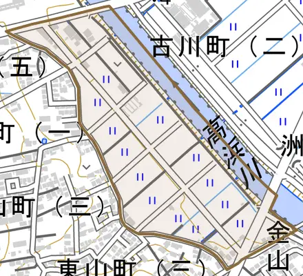 山下町とその周辺の地図。町の範囲を重ねている