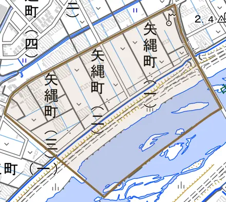 矢縄町とその周辺の地図。町の範囲を重ねている