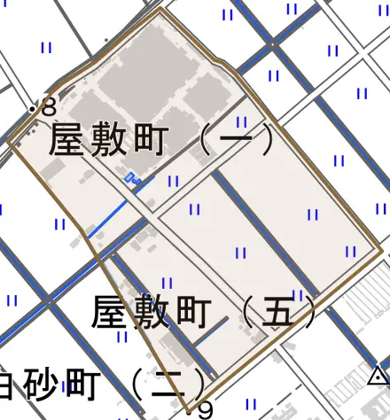 屋敷町とその周辺の地図。町の範囲を重ねている