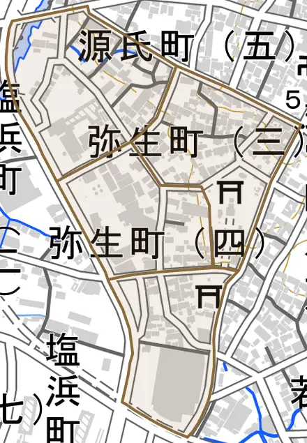 弥生町とその周辺の地図。町の範囲を重ねている