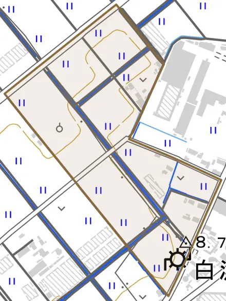 用久町とその周辺の地図。町の範囲を重ねている