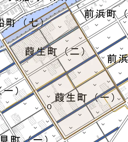 葭生町とその周辺の地図。町の範囲を重ねている