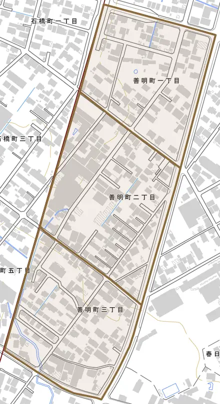 善明町とその周辺の地図。町の範囲を重ねている
