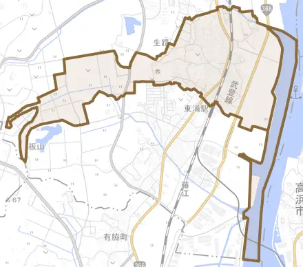 大字生路とその周辺の地図。町の範囲を重ねている