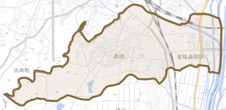 大字森岡とその周辺の地図。町の範囲を重ねている