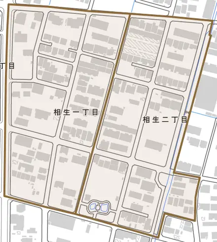 相生とその周辺の地図。町の範囲を重ねている