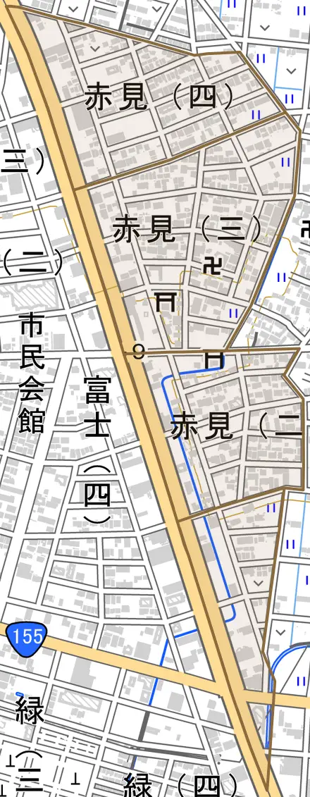 赤見とその周辺の地図。町の範囲を重ねている