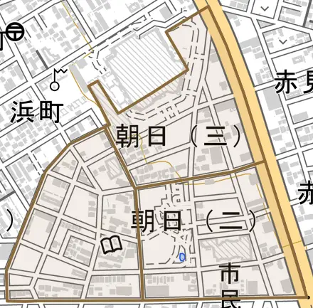 朝日とその周辺の地図。町の範囲を重ねている