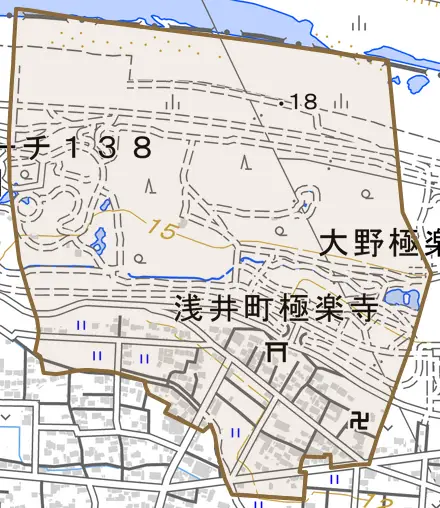 浅井町極楽寺とその周辺の地図。町の範囲を重ねている