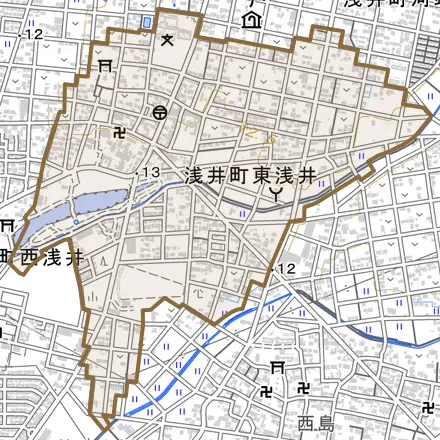 浅井町東浅井とその周辺の地図。町の範囲を重ねている