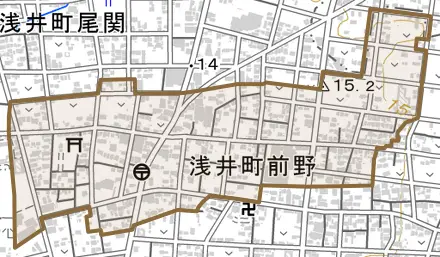 浅井町前野とその周辺の地図。町の範囲を重ねている