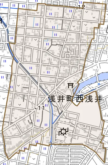 浅井町西浅井とその周辺の地図。町の範囲を重ねている