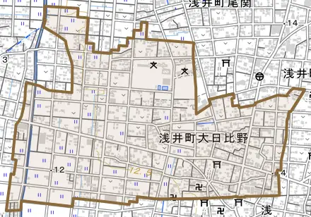 浅井町大日比野とその周辺の地図。町の範囲を重ねている