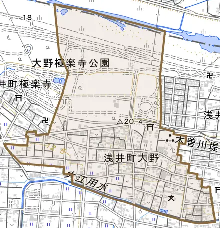 浅井町大野とその周辺の地図。町の範囲を重ねている