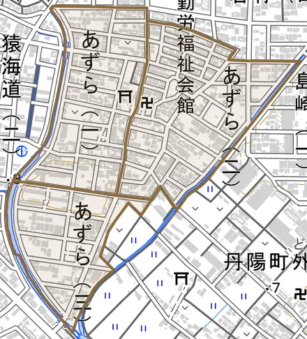 あずらとその周辺の地図。町の範囲を重ねている