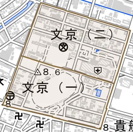 文京とその周辺の地図。町の範囲を重ねている