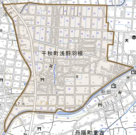 千秋町浅野羽根とその周辺の地図。町の範囲を重ねている