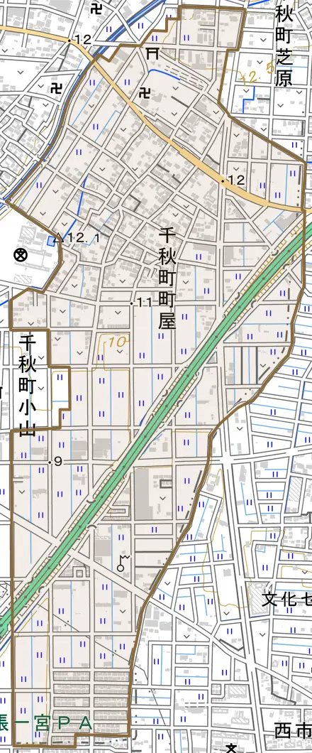 千秋町町屋とその周辺の地図。町の範囲を重ねている