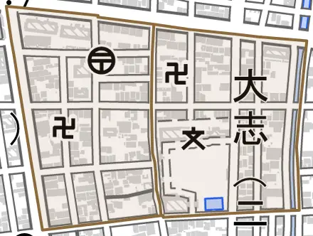 大志とその周辺の地図。町の範囲を重ねている