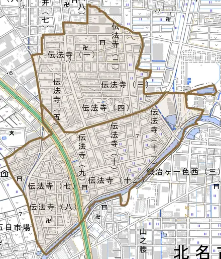 伝法寺とその周辺の地図。町の範囲を重ねている