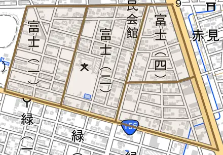 富士とその周辺の地図。町の範囲を重ねている