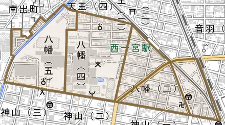 八幡とその周辺の地図。町の範囲を重ねている