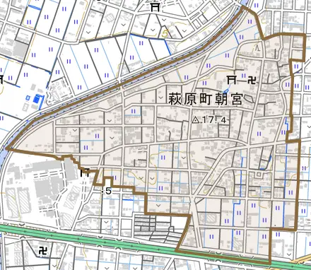 萩原町朝宮とその周辺の地図。町の範囲を重ねている