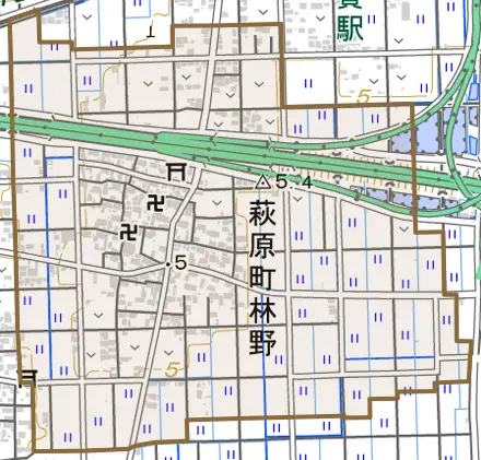 萩原町林野とその周辺の地図。町の範囲を重ねている