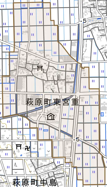 萩原町東宮重とその周辺の地図。町の範囲を重ねている