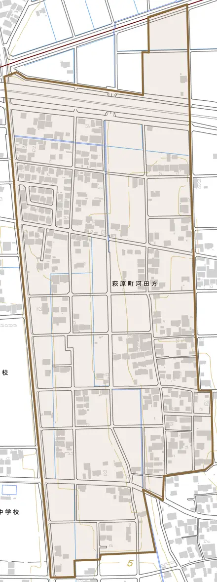萩原町河田方とその周辺の地図。町の範囲を重ねている