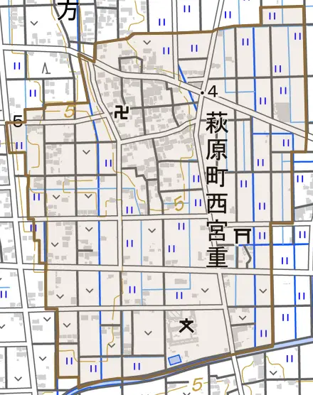 萩原町西宮重とその周辺の地図。町の範囲を重ねている