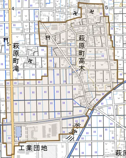 萩原町高木とその周辺の地図。町の範囲を重ねている